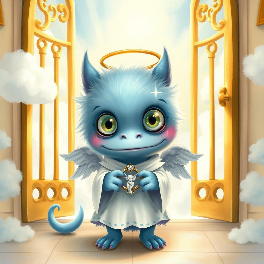 Pastel Monster at Heaven's Gate, Watercolor Illustration