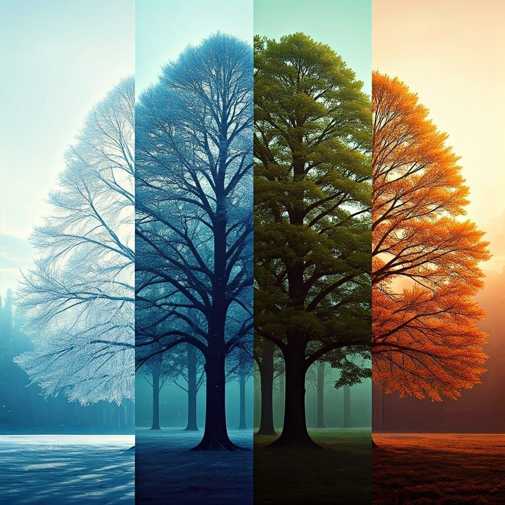 Four Seasons Trees in Glitchcore Surrealism