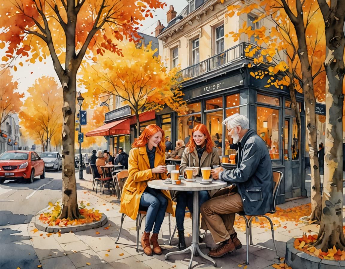 Cozy Cafe Scene in Autumn Watercolor