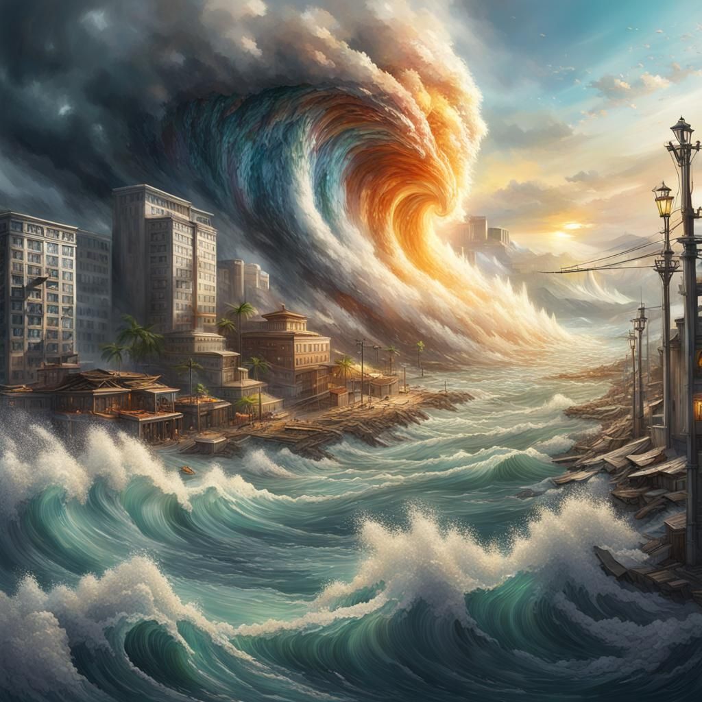 Coastal City Destruction from Tsunami and Earthquake