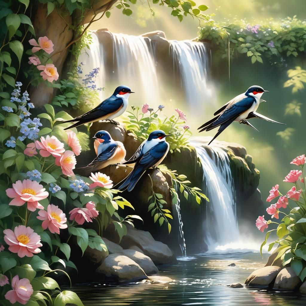 Beautiful and realistic color drawing of swallows and their ...