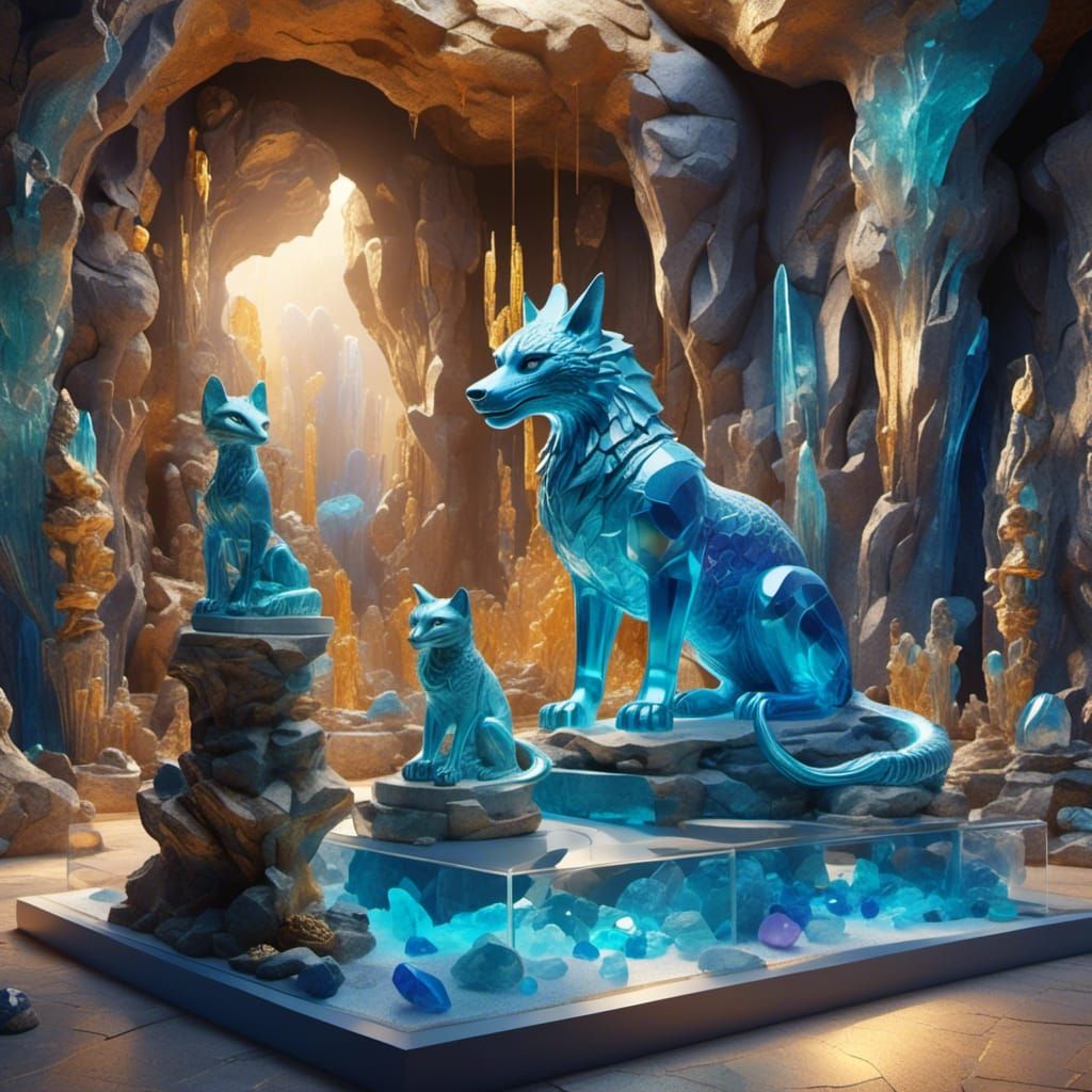 Crystal Cave with Dragon and Wolf Statues