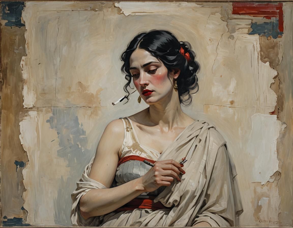 Elegant Greek Woman Smoking, Impressionist Style