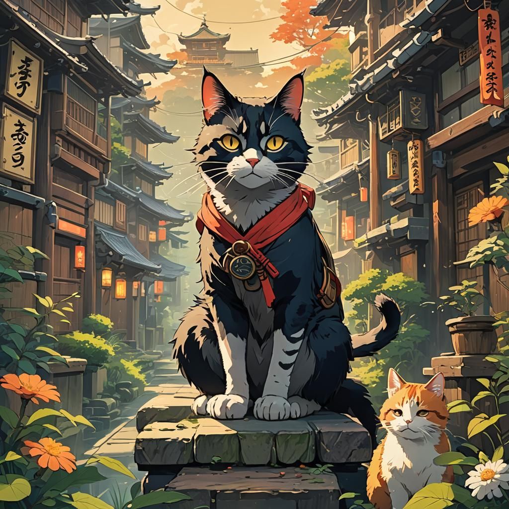 Ninja Cat Illustration in Anime Style