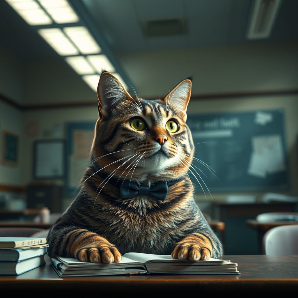 Epic Teacher Cat in Majestic Digital Classroom