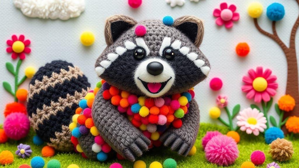 Happy Pom Pom Raccoon in Playful Style