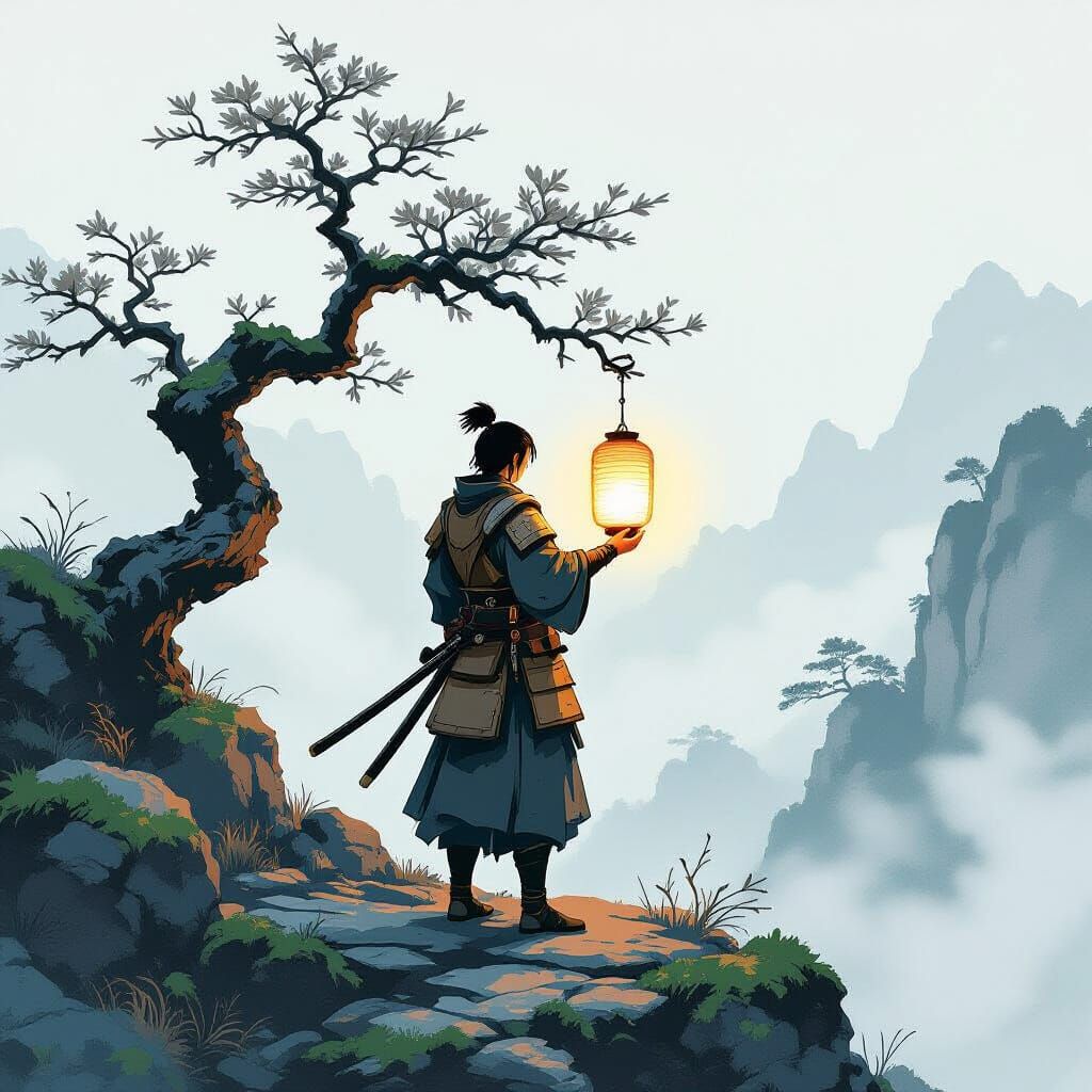 Samurai with Lantern on Misty Peak in Ghibli Style