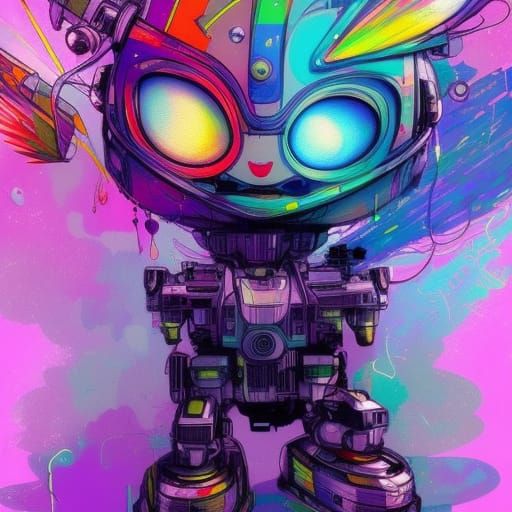 Cute Flying Robot with Lightning, Digital Illustration