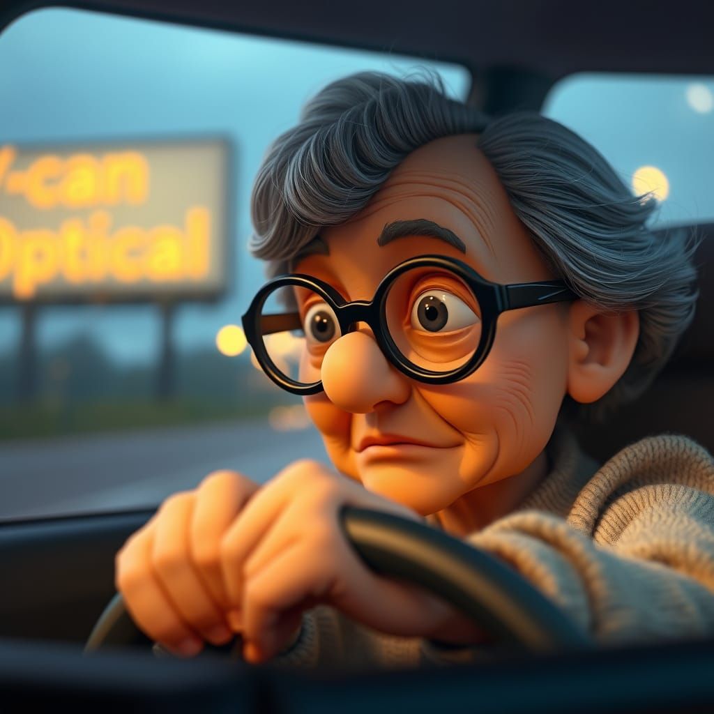 Elderly Woman Peers at Road Ahead with Thick Glasses