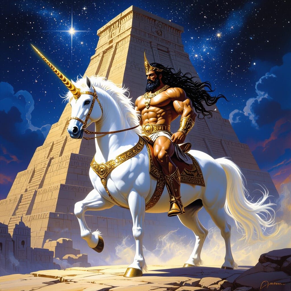 Gilgamesh Rides Unicorn Before Ziggurat in Epic Fantasy Art