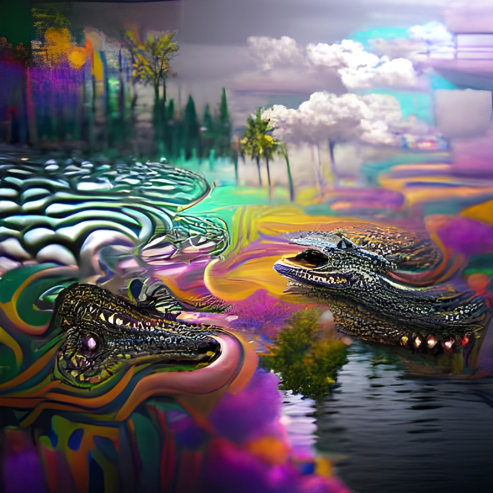 Psychedelic Alligators in an Ethereal Landscape