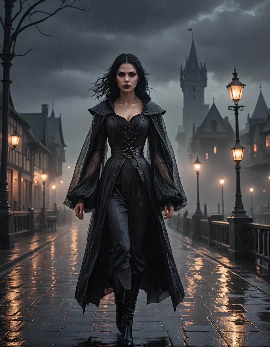 Gothic Vampire on Medieval Pier in Hyperrealistic Style