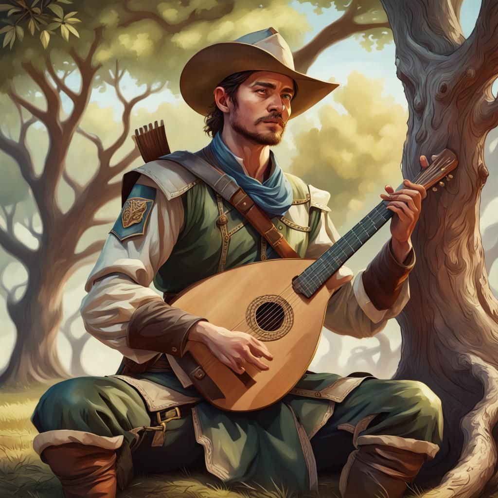 Hyperrealistic Ranger Plays Lute Under Tree