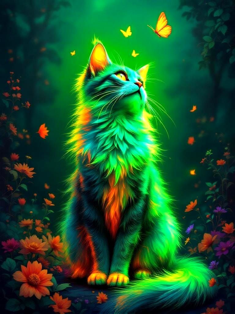 Neon Cat with Butterfly: Digital Oil Painting