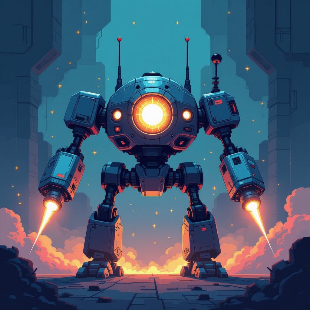 Retro Pixel Art Combat Robot with Plasma Cannons