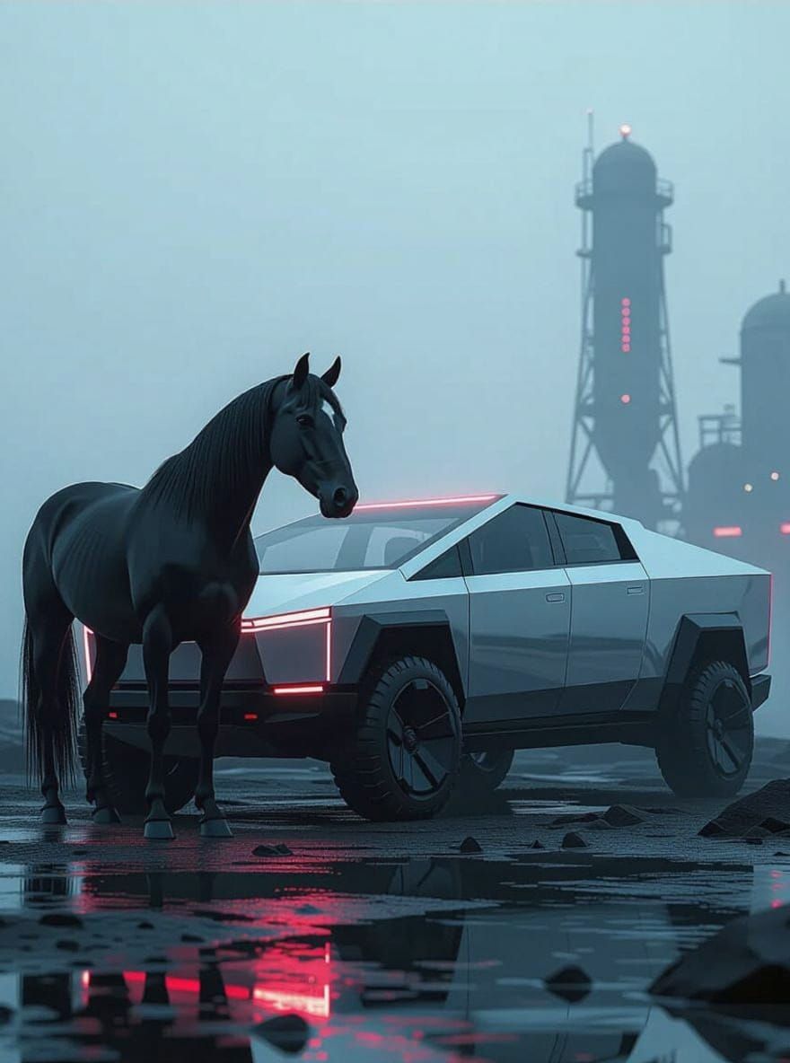 Black Horse and Cybertruck in Futuristic Style