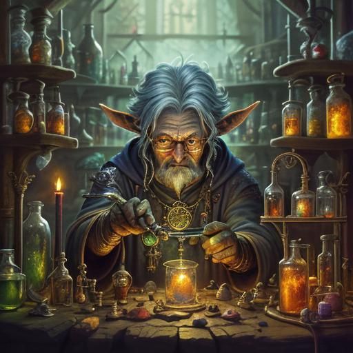 Goblin Alchemist in Laboratory: Fantasy Oil Painting