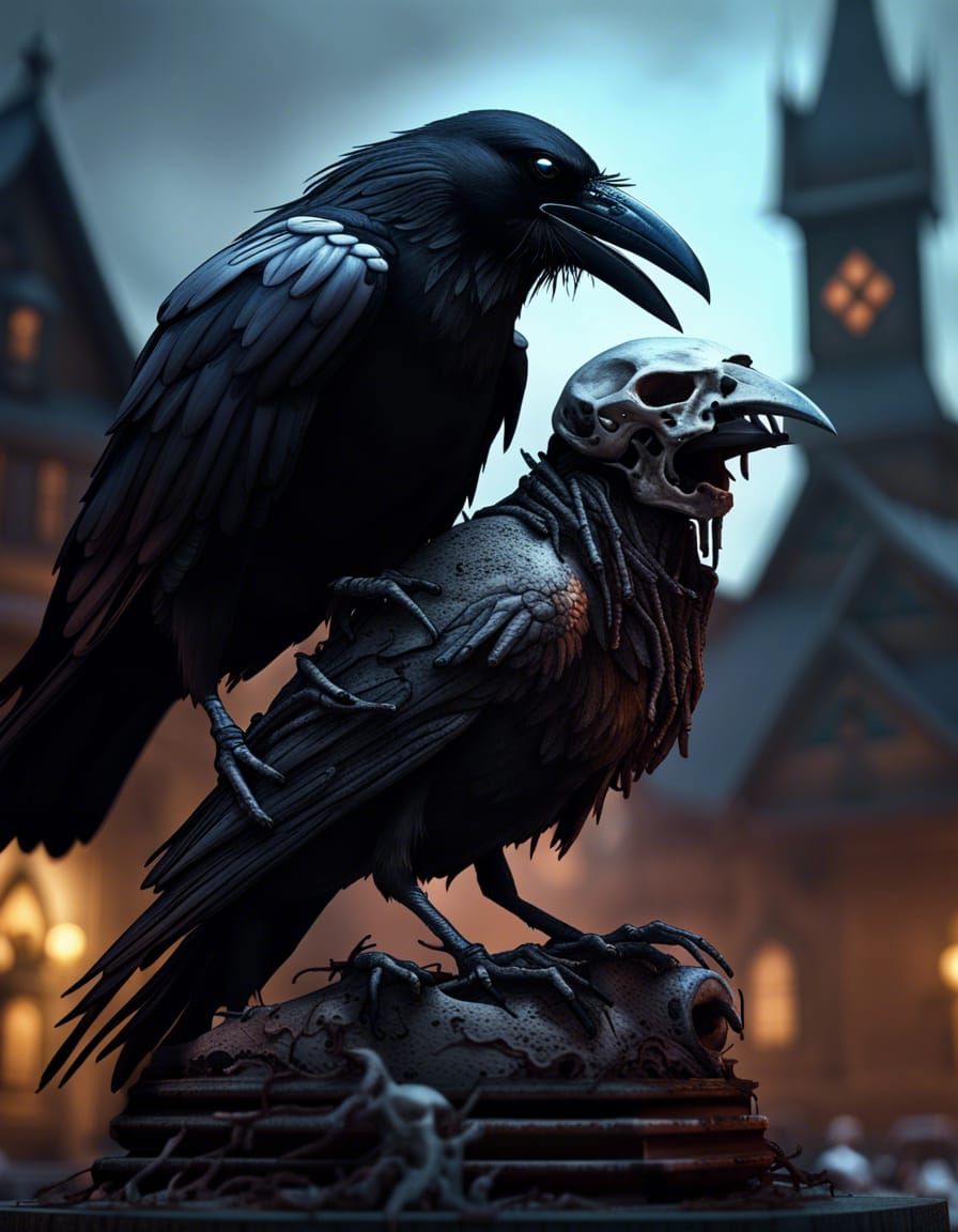 Horror Crow Perched on Skull, Gothic Art