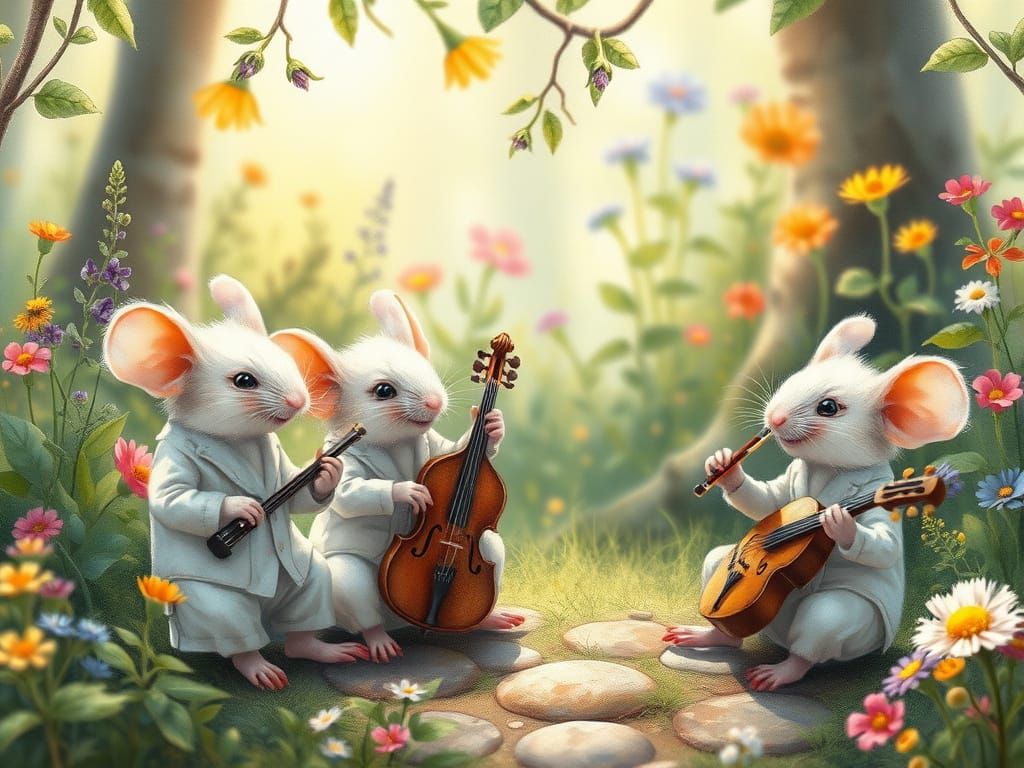 Whimsical Mice Perform in Enchanted Forest