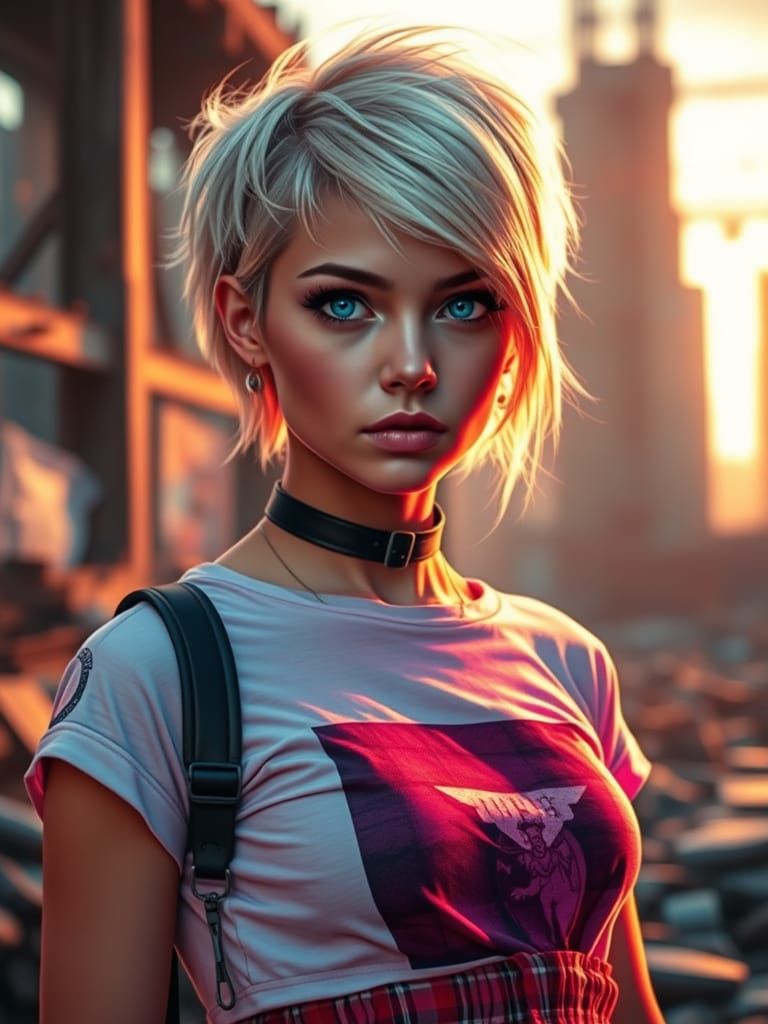 Cyberpunk Rebel in City Ruins at Golden Hour