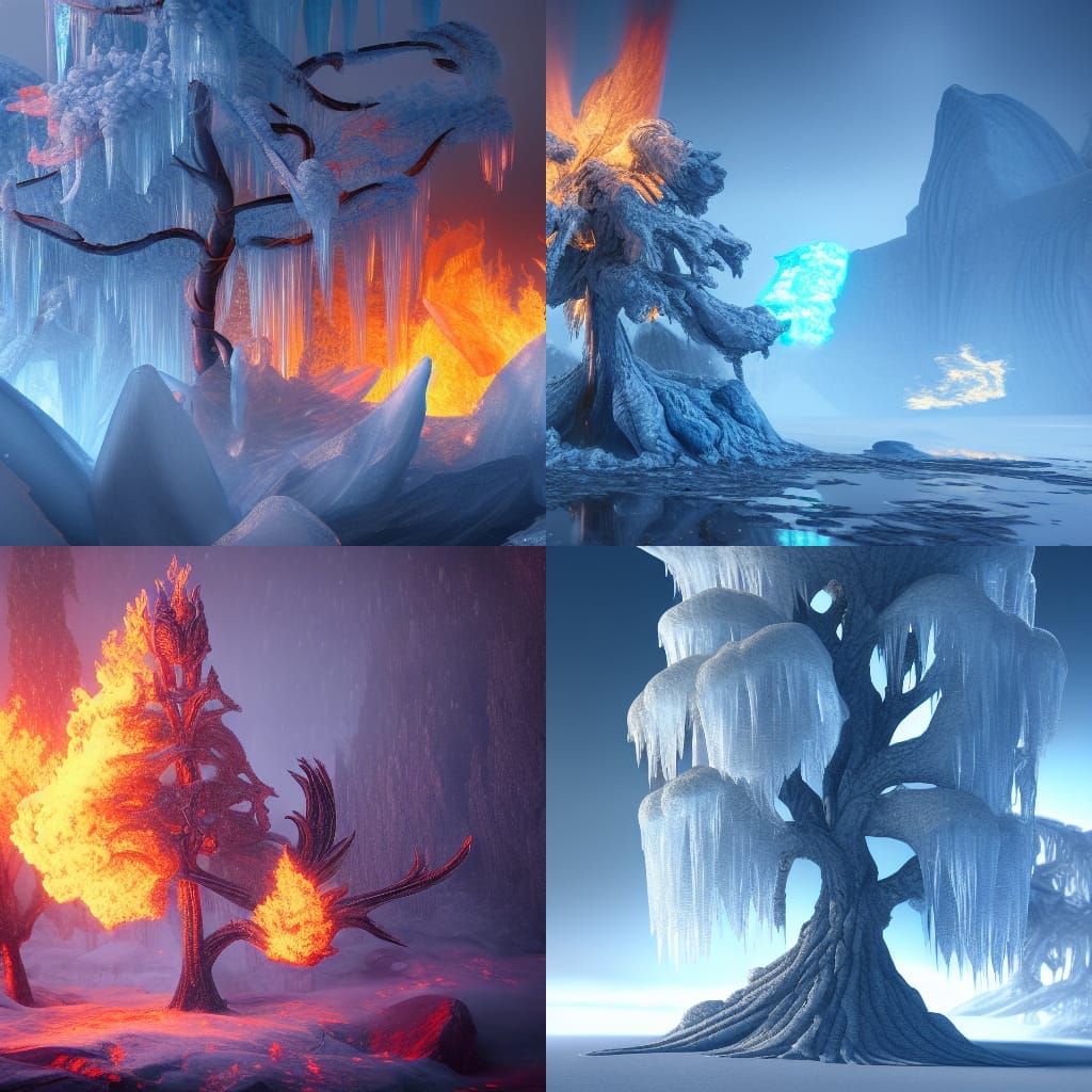 Fiery Ice Tree: Detailed Fantasy Concept Art
