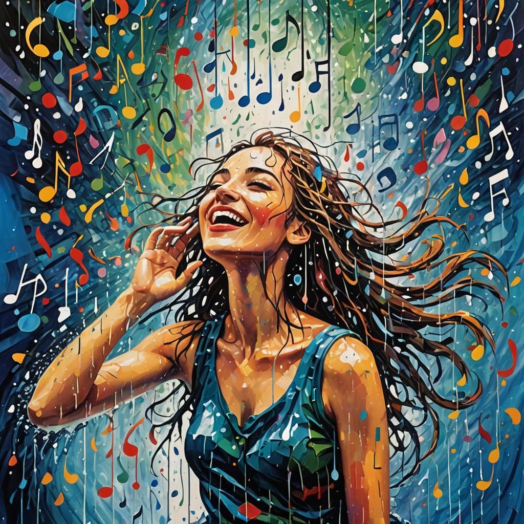 Joyful Girl in Musical Downpour: Neo-Expressionistic Portrai...