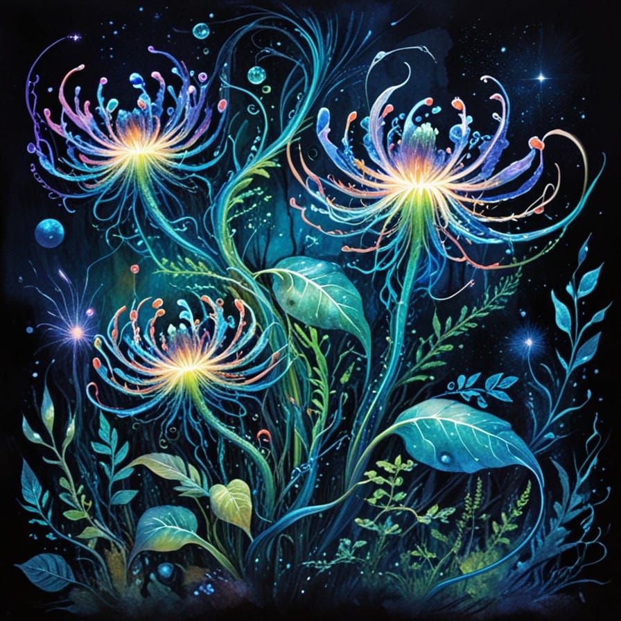 Enigmatic Botanical Beings Unite in Vibrant Bioluminescent H...