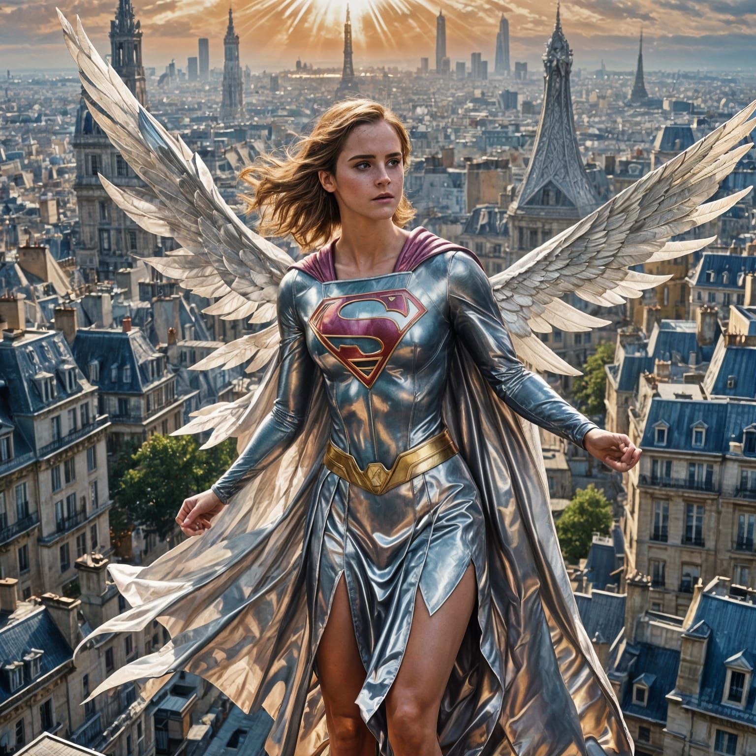 Supergirl with Angel Wings Flying Over Paris