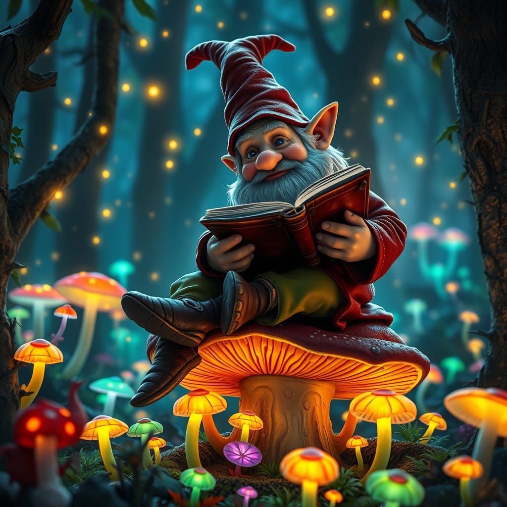 Gnome in Bioluminescent Forest Reads Ancient Tome