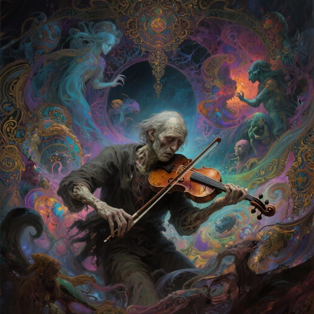 Musician's Interdimensional Struggle in Symbolist Style