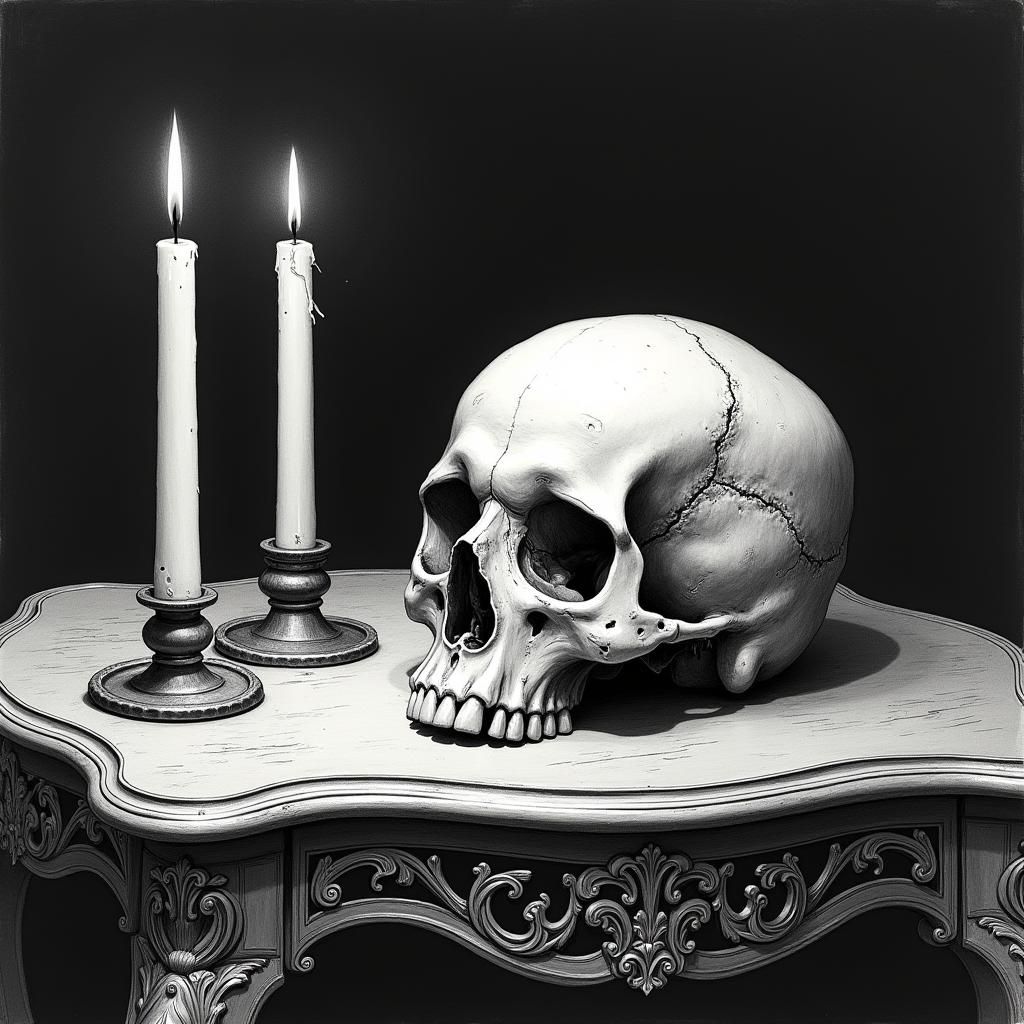 Skull Still Life in Escher and Beksinski Style