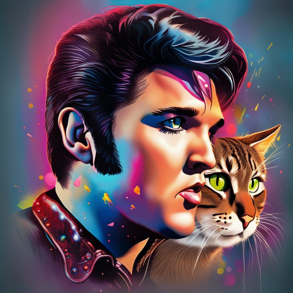 Elvis Presley with Cat Head: Hyperrealistic Splash Art