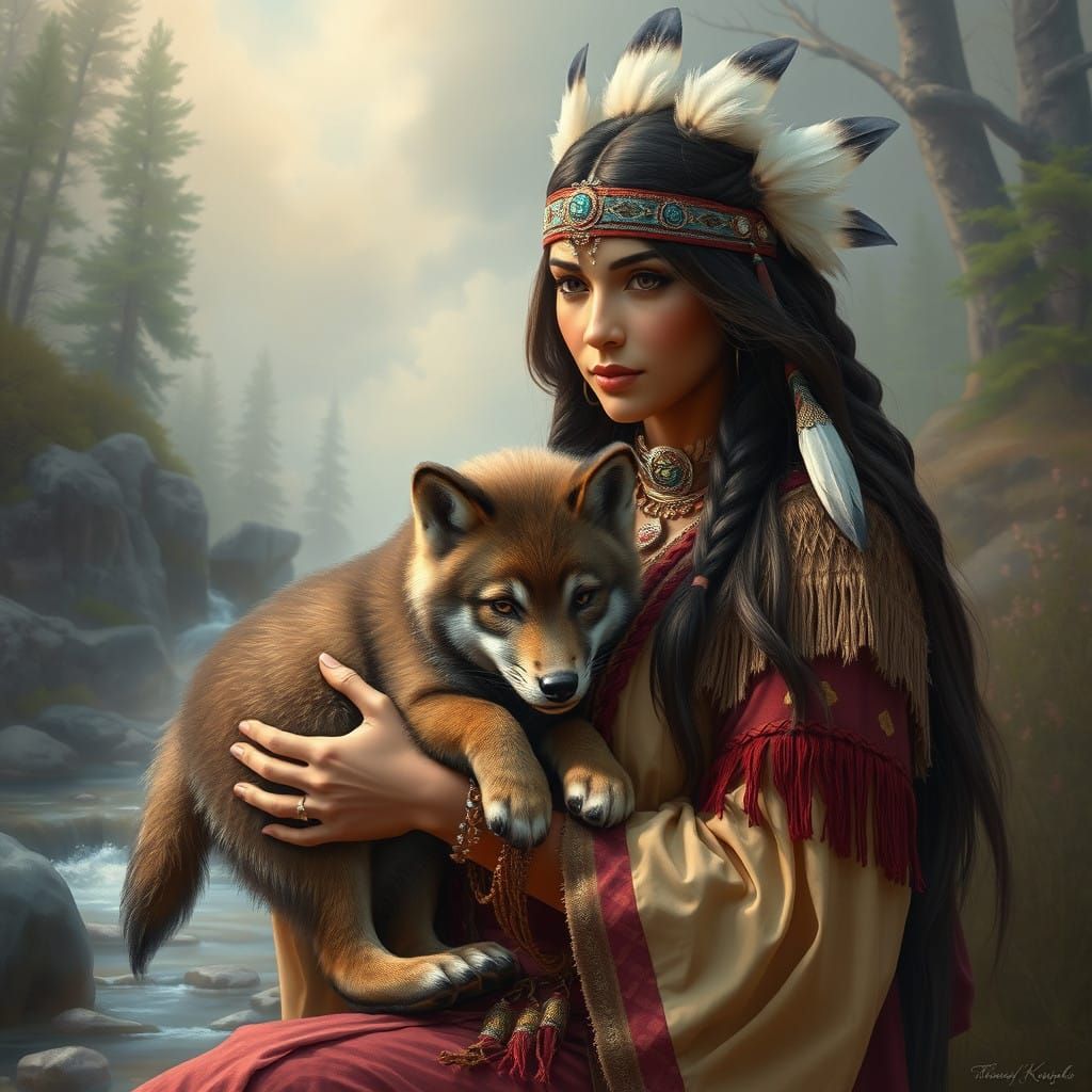 Ethereal Native American Goddess Holding a Wolf Cub by a Mis...