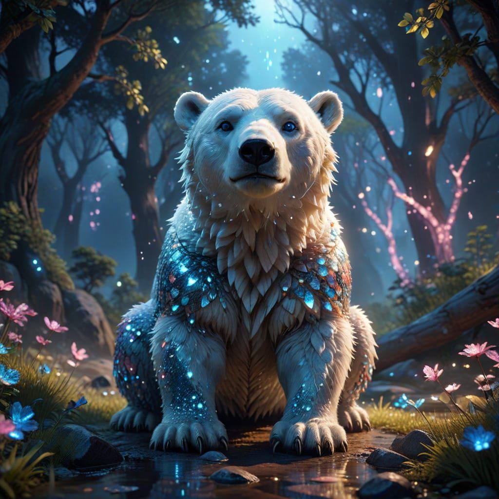 Surreal Fantasy Art: Sparkling Polar Bear in Dreamlike Scene