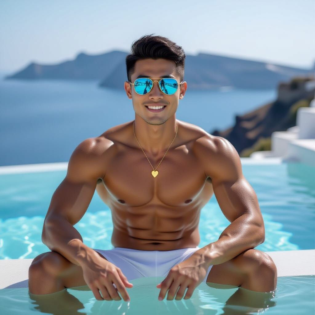 Korean Man on Santorini in Matte Painting Style