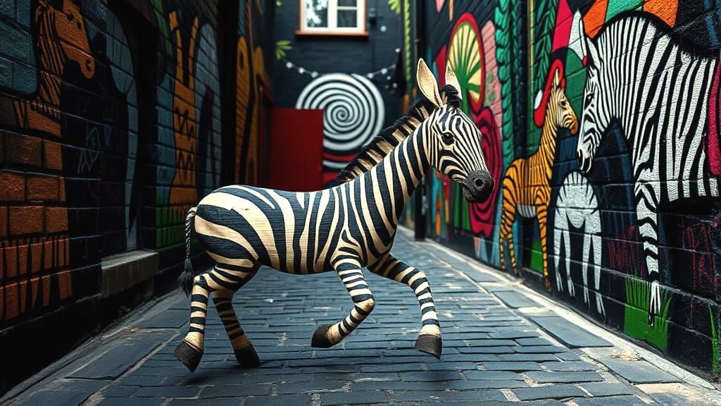 Whimsical Wooden Zebra in Colorful Alleyway