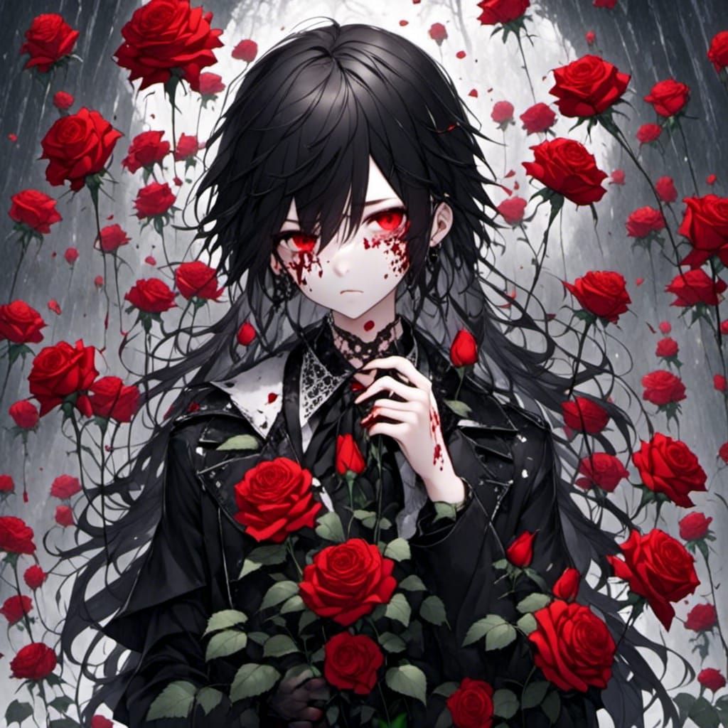 Anime Boy in Roses, Manga Style Art