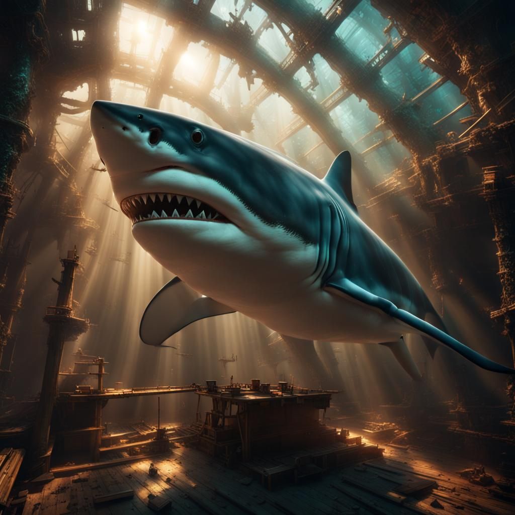 Shark in Shipwreck with Light Reflections