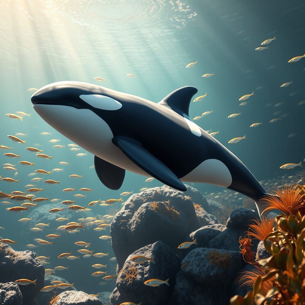 Majestic Baby Orca in a Serene Aquatic Paradise