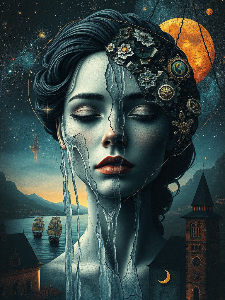 Contemplative Woman: Double Exposure Portrait with Waterfall