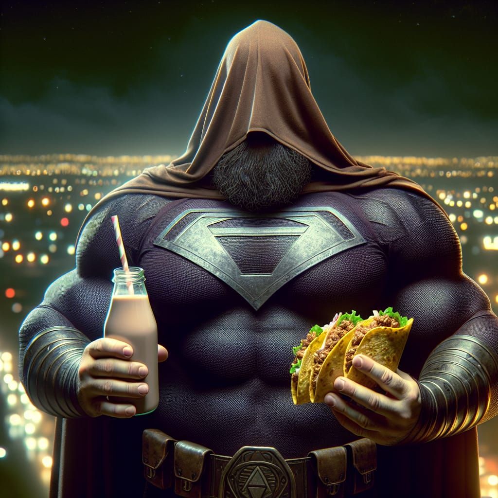 Stout Superhero Munching Tacos in Sparkling Cityscape