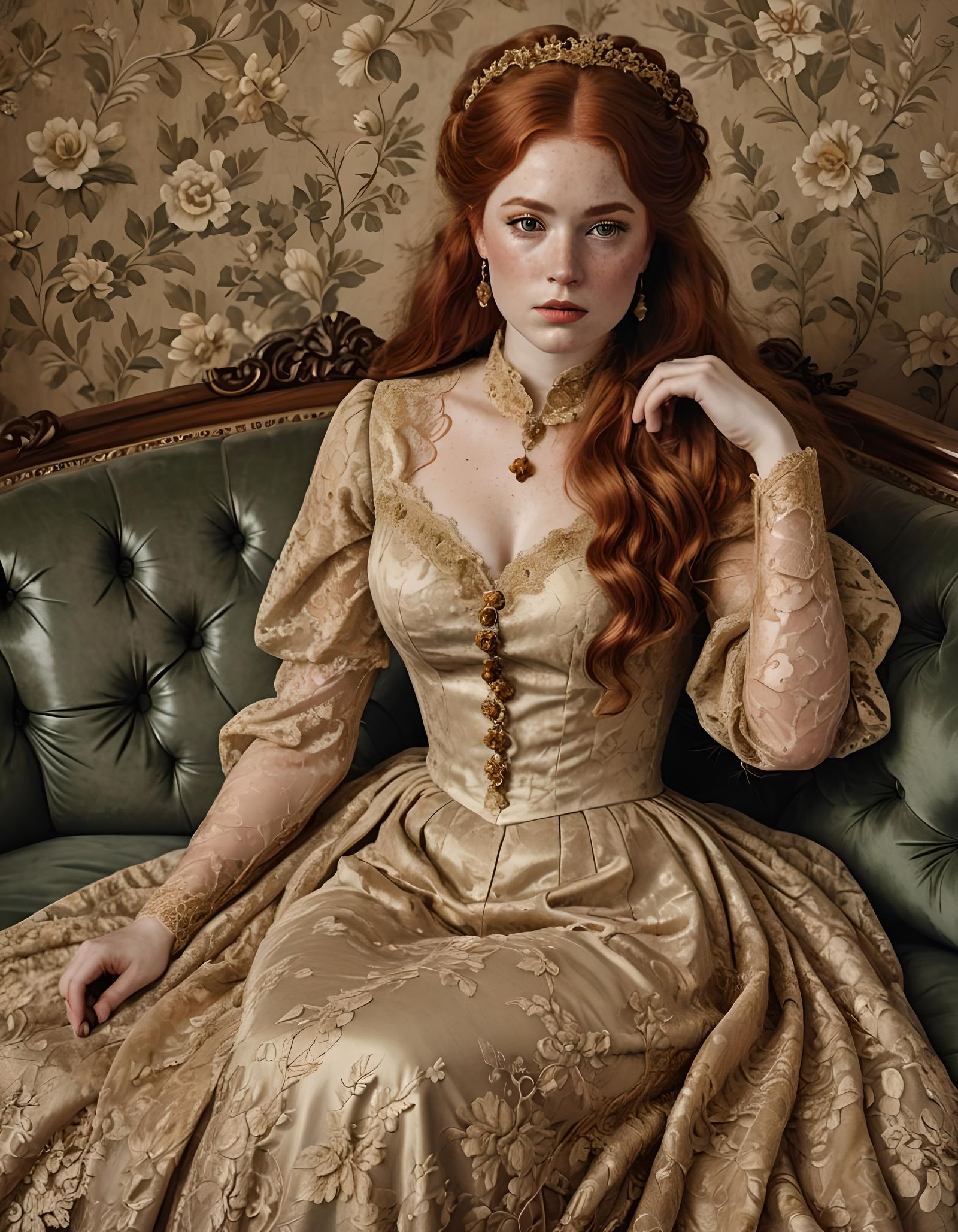 The most beautiful Very curvy young Victorian woman with auburn hair and freckles ever in a gold lace dress sitting on a...