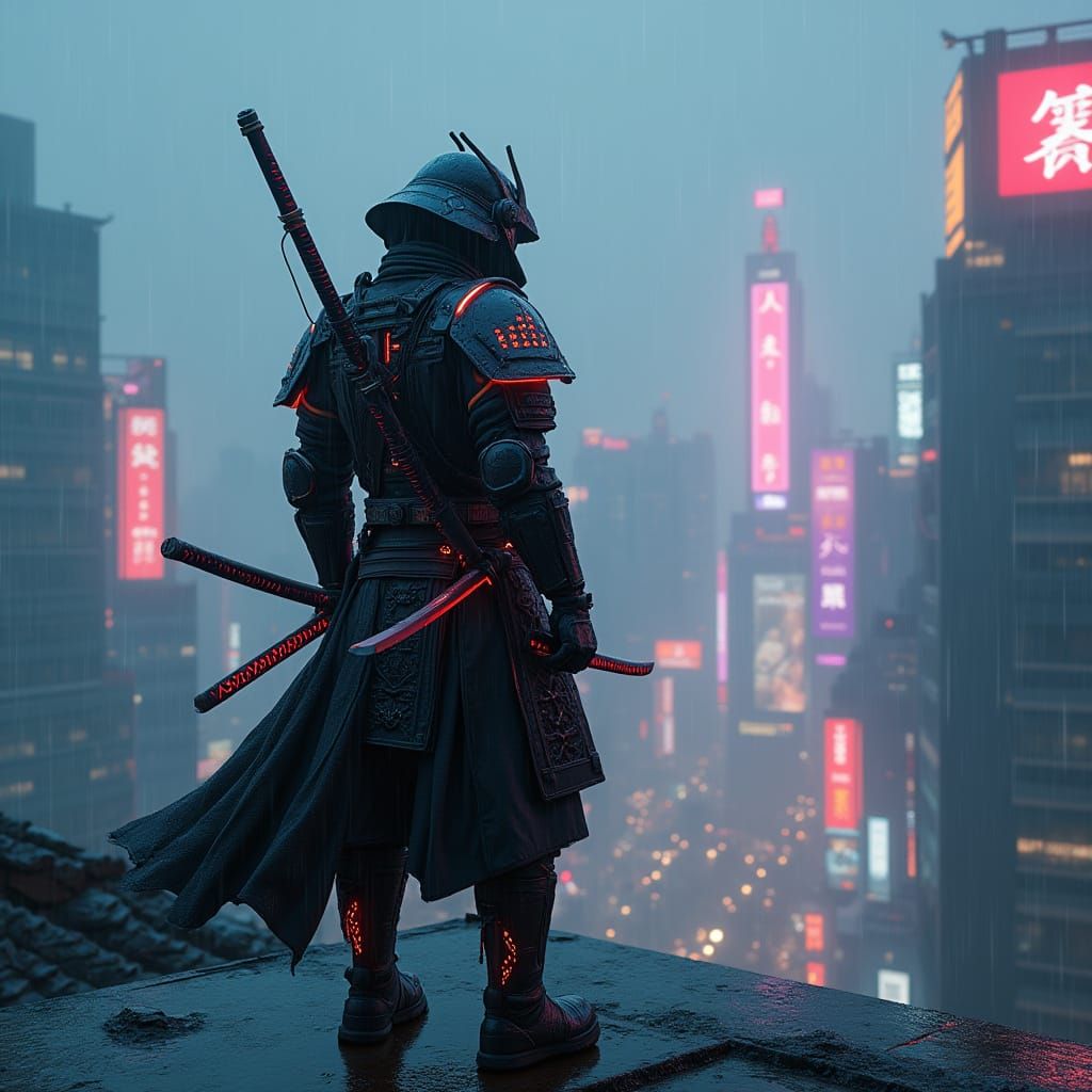 Cyberpunk Samurai Ninja on Rooftop Overlooking Neon City
