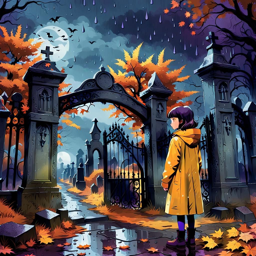 Girl at Graveyard Gate in Moody Lighting