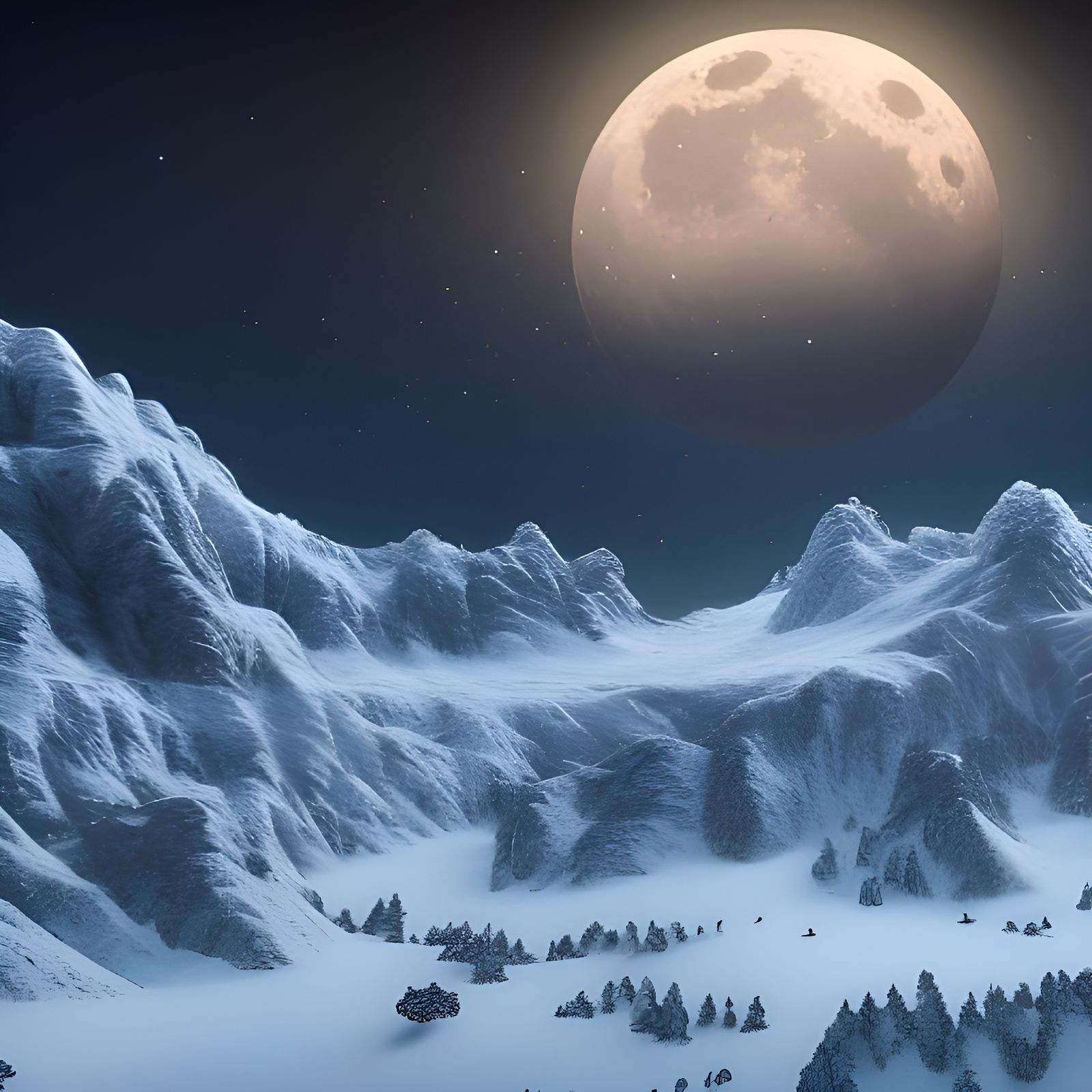 Winter Mountains Under a Giant Moon Matte Painting
