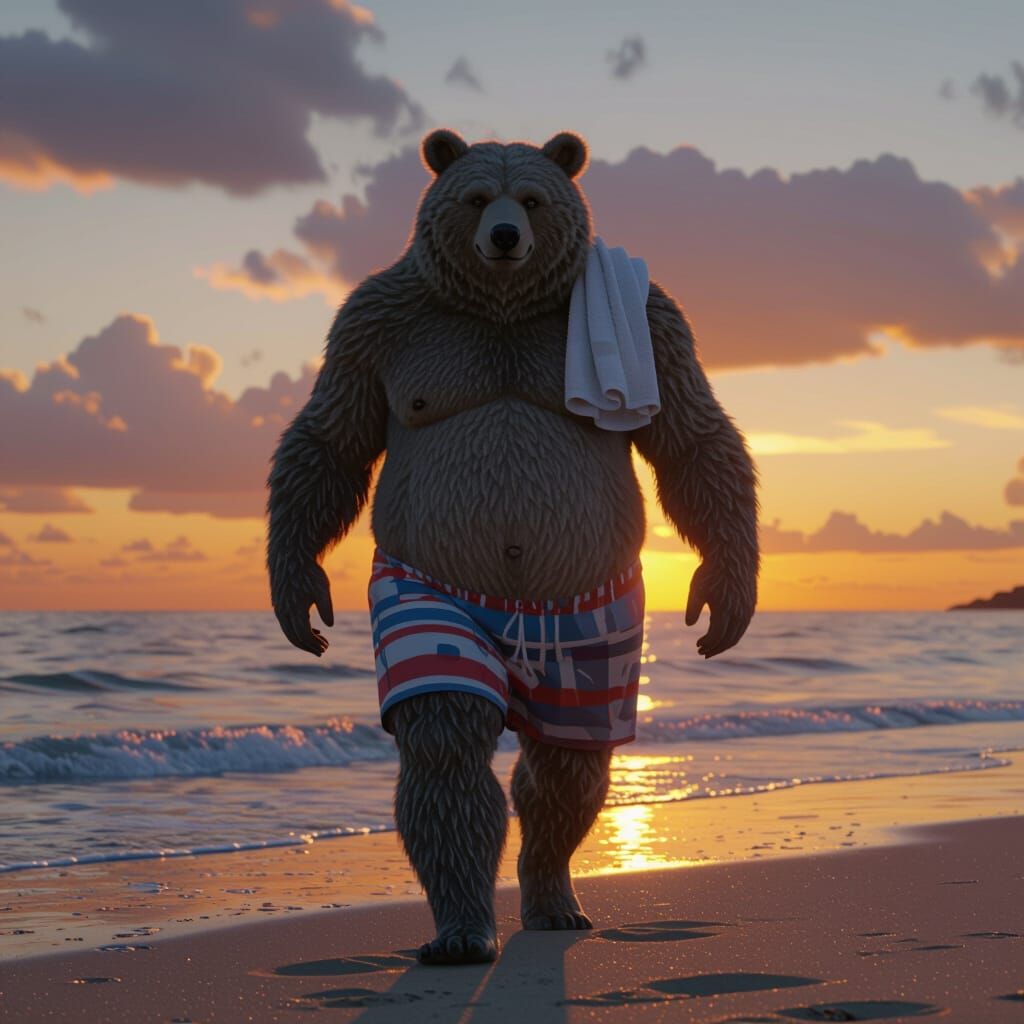 Bear on Beach in Detailed Matte Painting Style
