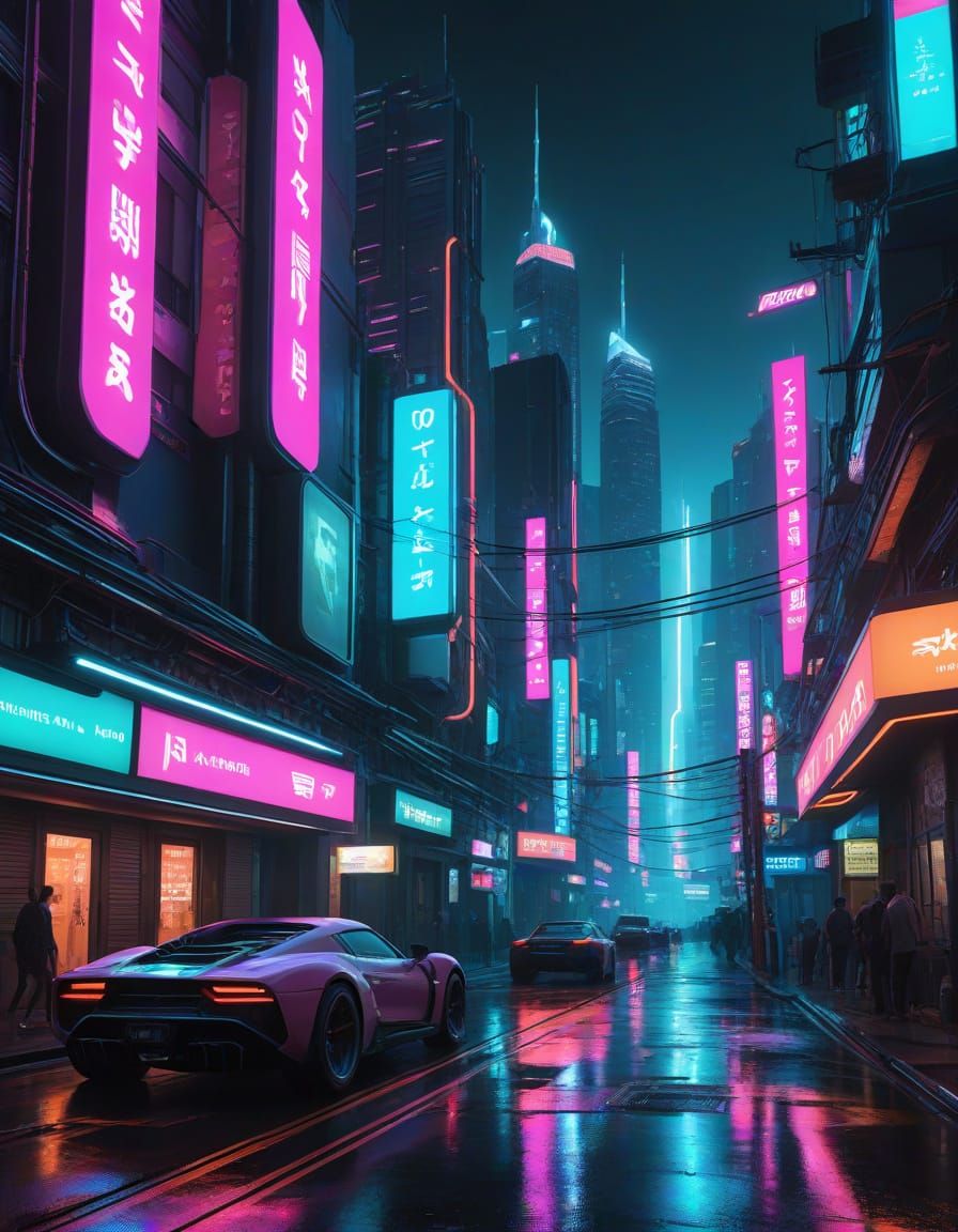 Cyberpunk Cityscape at Night with Neon Lights