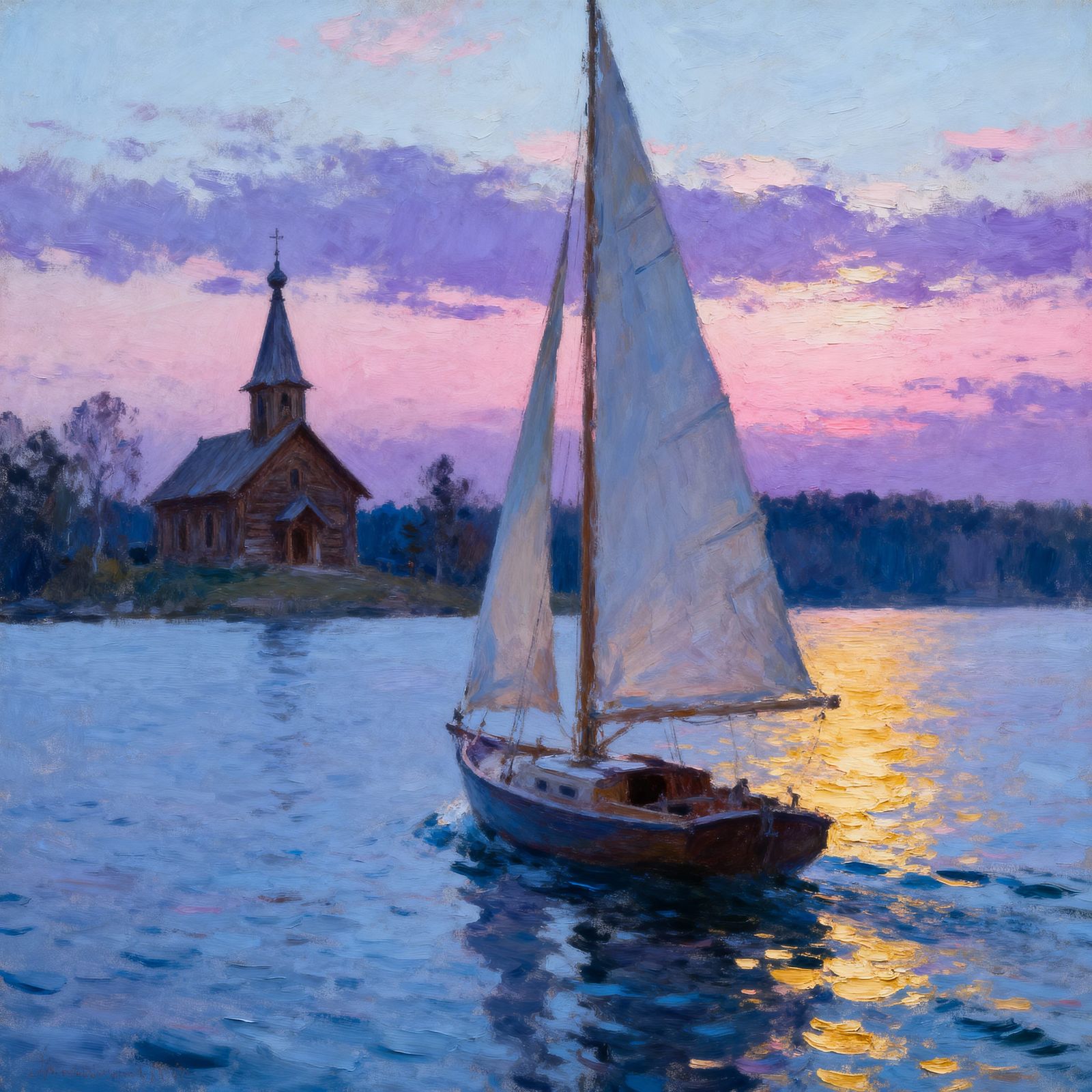 Oil Painting of Sailboat on Lake at Sunset