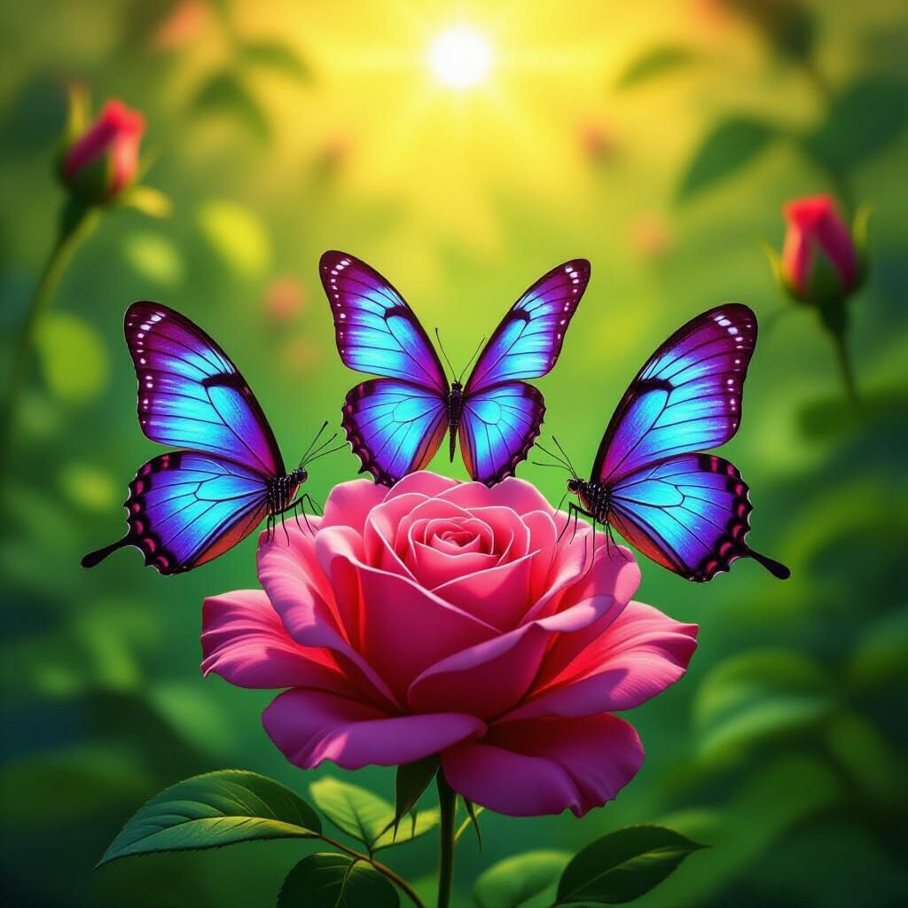 Neon Butterflies on a Rose in Dreamy Style