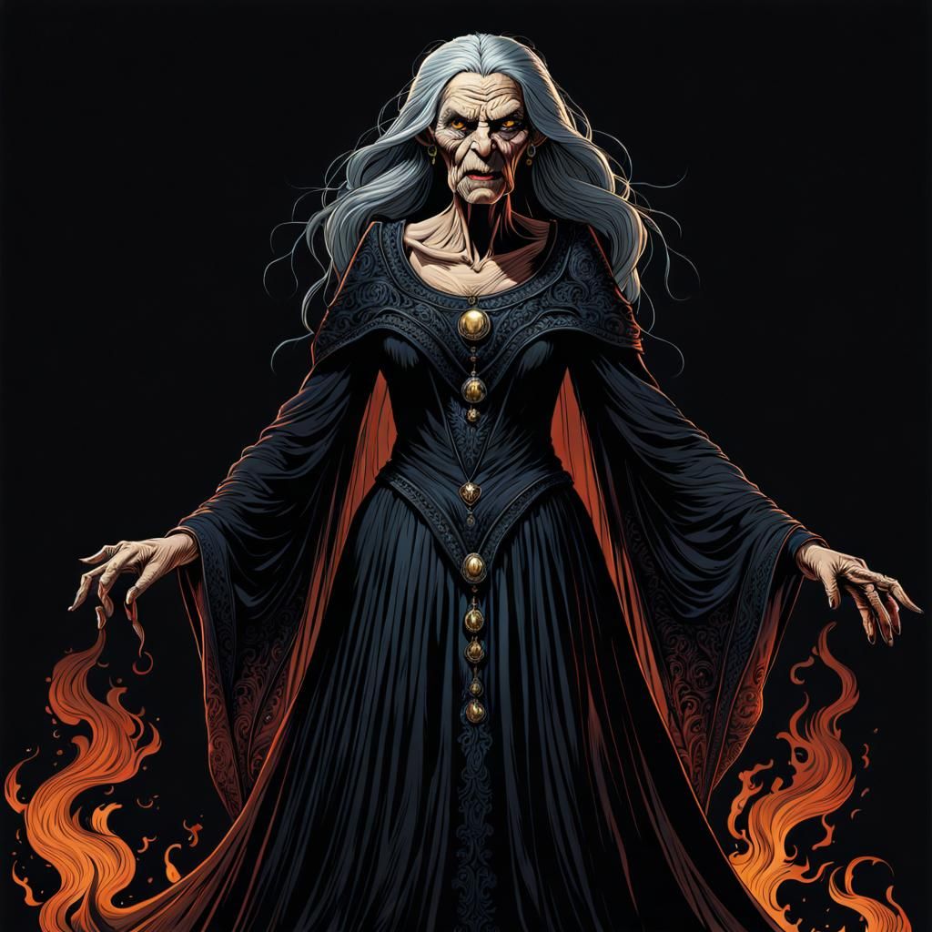 Detailed Illustration of an Evil Witch in Horror Style